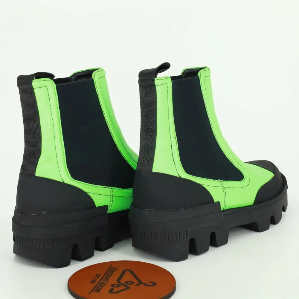 BIBI LOU Ankle Leather Boots Acid Green Lug‎ sole, Round toeline